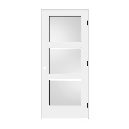 CODEL DOORS 30" x 80" x 1-3/8" Primed 3-Panel with White Lami Glass Interior Shaker 4-9/16" LH Prehung Door 2668pri8433GLLH10B4916